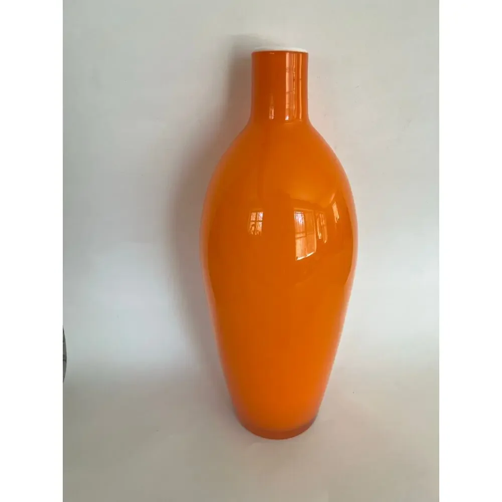 Vintage MCM Hand Blown Orange Cased Glass Large Vase - Italian Empoli Style JL